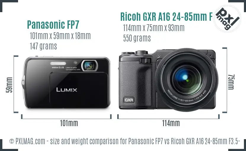Panasonic FP7 vs Ricoh GXR A16 24-85mm F3.5-5.5 size comparison