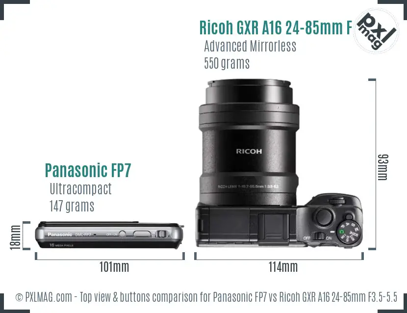 Panasonic FP7 vs Ricoh GXR A16 24-85mm F3.5-5.5 top view buttons comparison