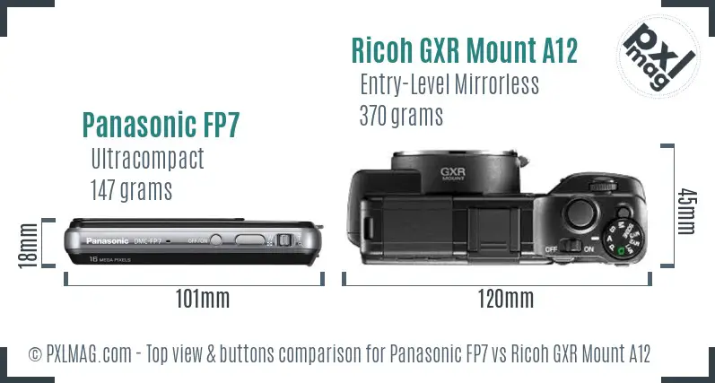 Panasonic FP7 vs Ricoh GXR Mount A12 top view buttons comparison Panasonic FP7 vs Ricoh GXR Mount A12 top view buttons comparison