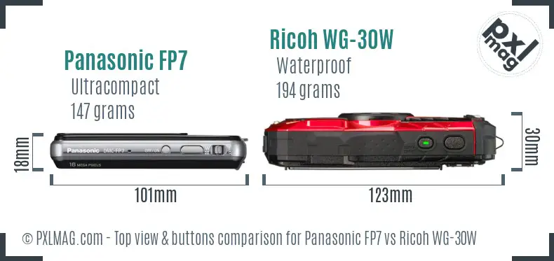 Panasonic FP7 vs Ricoh WG-30W top view buttons comparison