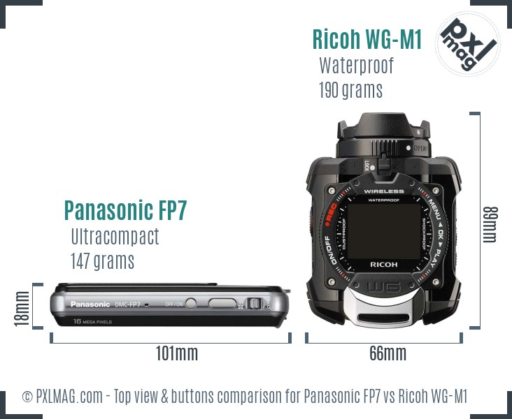 Panasonic FP7 vs Ricoh WG-M1 top view buttons comparison