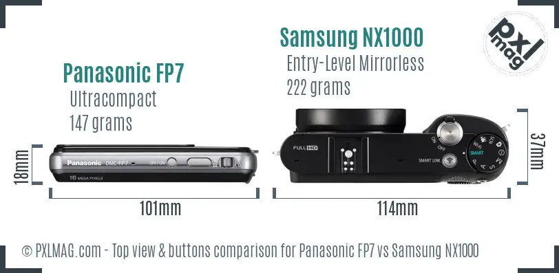 Panasonic FP7 vs Samsung NX1000 top view buttons comparison Panasonic FP7 vs Samsung NX1000 top view buttons comparison