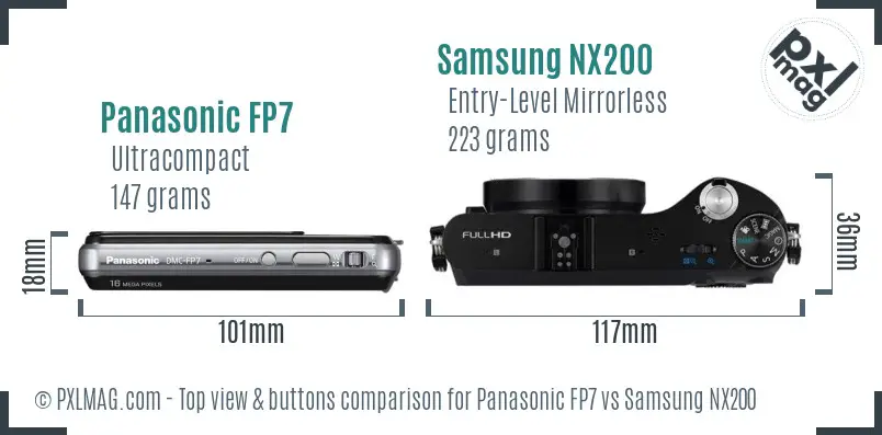 Panasonic FP7 vs Samsung NX200 top view buttons comparison Panasonic FP7 vs Samsung NX200 top view buttons comparison