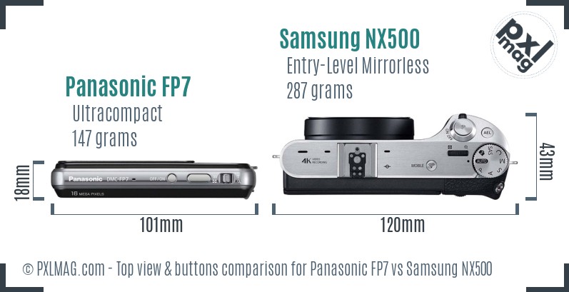 Panasonic FP7 vs Samsung NX500 top view buttons comparison