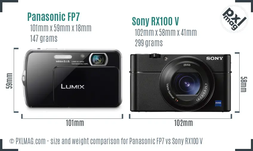 Panasonic FP7 vs Sony RX100 V size comparison