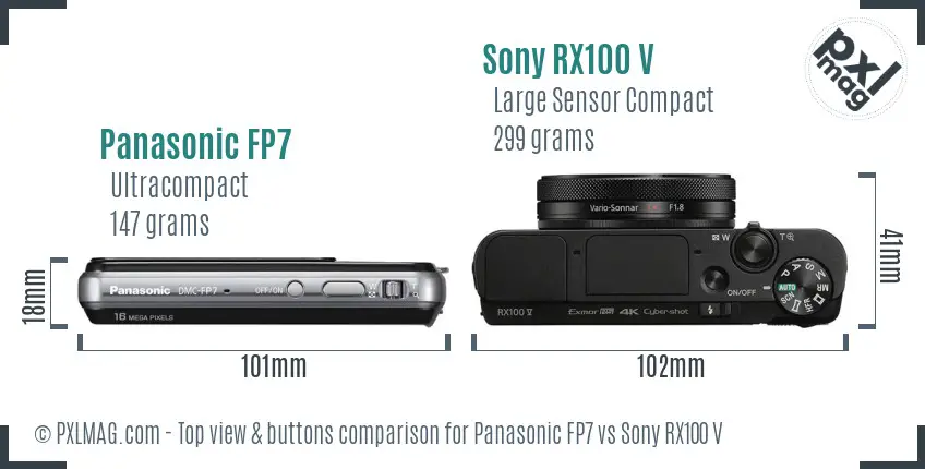 Panasonic FP7 vs Sony RX100 V top view buttons comparison