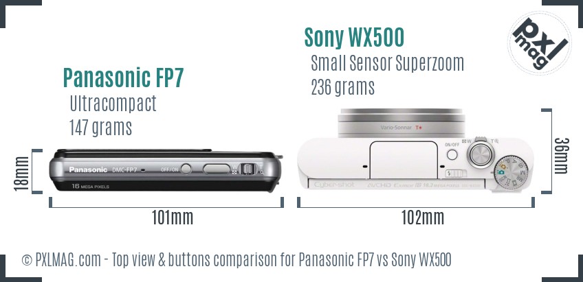 Panasonic FP7 vs Sony WX500 top view buttons comparison