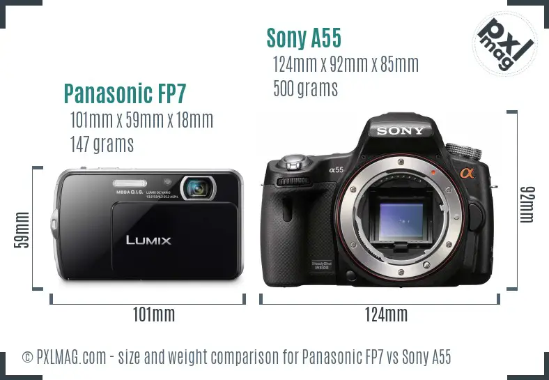 Panasonic FP7 vs Sony A55 size comparison