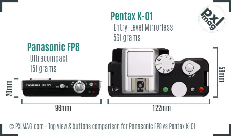 Panasonic FP8 vs Pentax K-01 top view buttons comparison