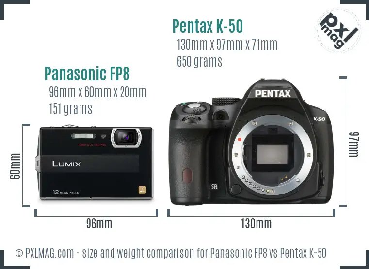 Panasonic FP8 vs Pentax K-50 size comparison