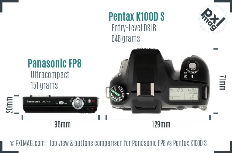 Panasonic FP8 vs Pentax K100D S top view buttons comparison
