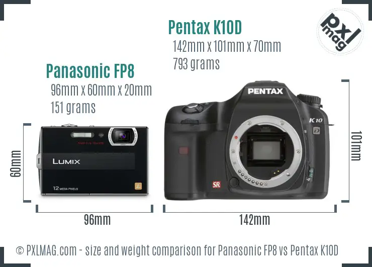 Panasonic FP8 vs Pentax K10D size comparison