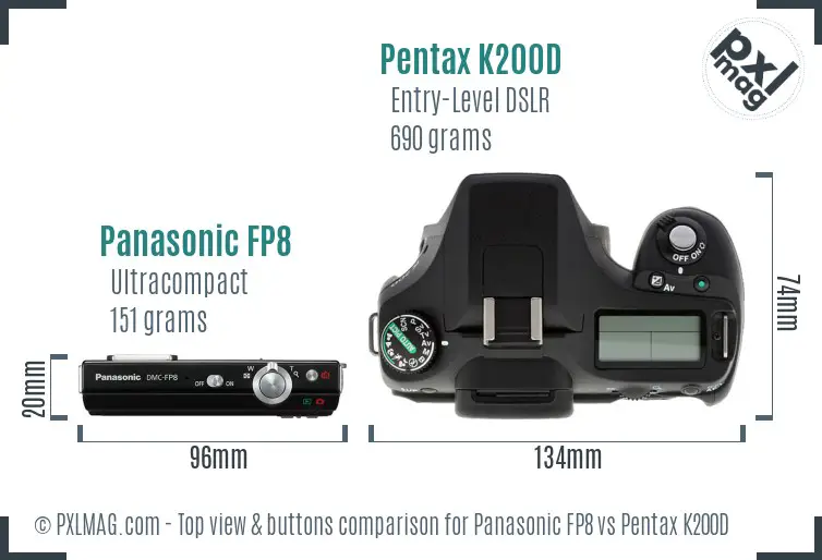 Panasonic FP8 vs Pentax K200D top view buttons comparison Panasonic FP8 vs Pentax K200D top view buttons comparison