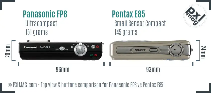 Panasonic FP8 vs Pentax E85 top view buttons comparison