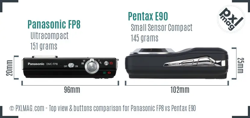 Panasonic FP8 vs Pentax E90 top view buttons comparison