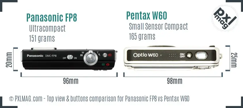 Panasonic FP8 vs Pentax W60 top view buttons comparison