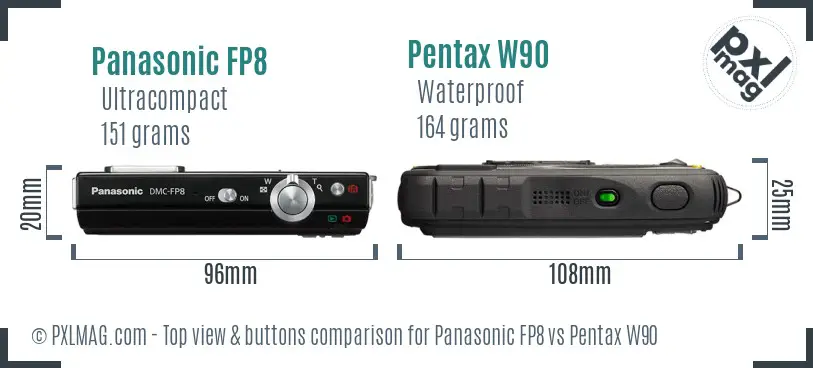 Panasonic FP8 vs Pentax W90 top view buttons comparison