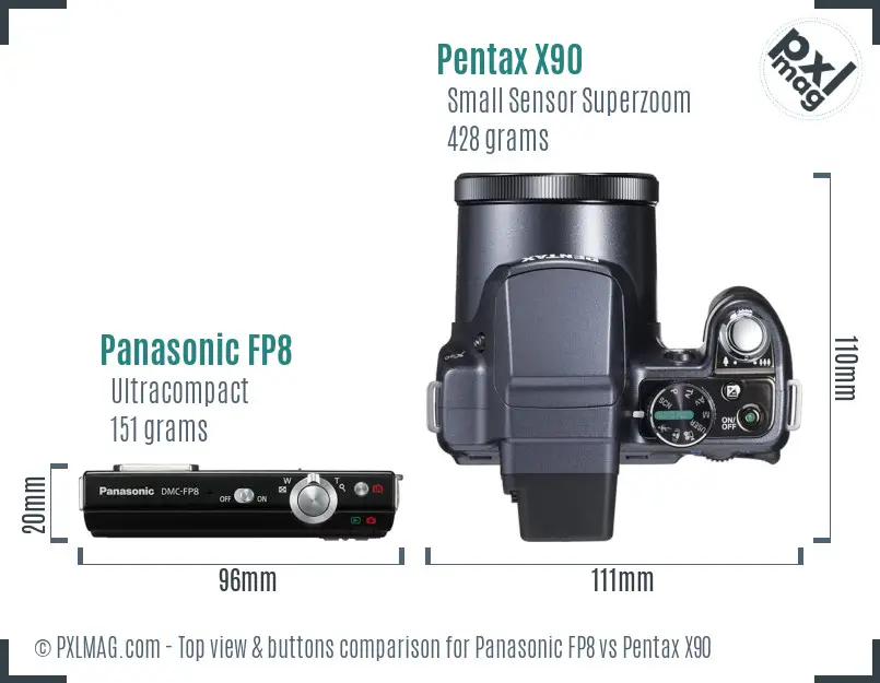 Panasonic FP8 vs Pentax X90 top view buttons comparison Panasonic FP8 vs Pentax X90 top view buttons comparison