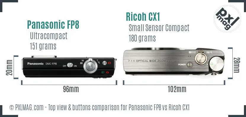 Panasonic FP8 vs Ricoh CX1 top view buttons comparison Panasonic FP8 vs Ricoh CX1 top view buttons comparison