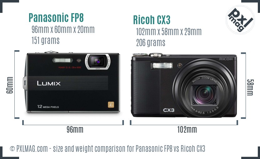 Panasonic FP8 vs Ricoh CX3 size comparison