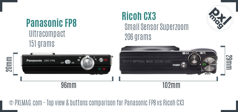 Panasonic FP8 vs Ricoh CX3 top view buttons comparison