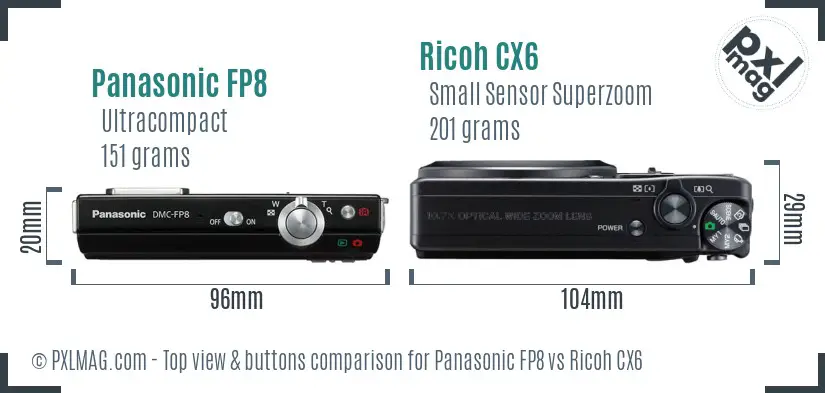 Panasonic FP8 vs Ricoh CX6 top view buttons comparison