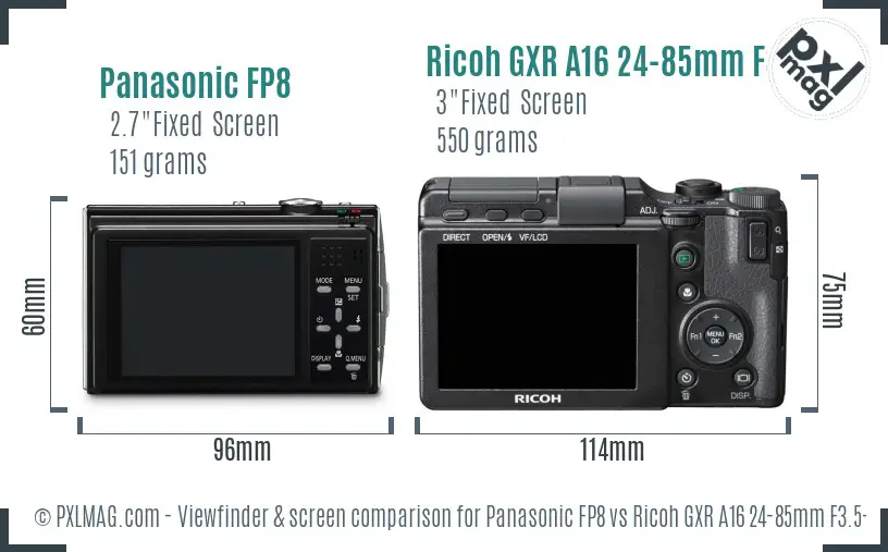 Panasonic FP8 vs Ricoh GXR A16 24-85mm F3.5-5.5 Screen and Viewfinder comparison