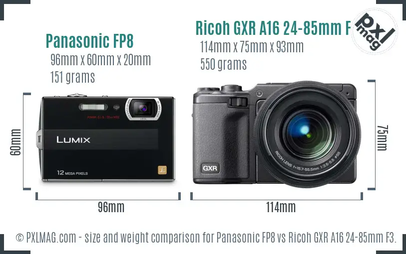 Panasonic FP8 vs Ricoh GXR A16 24-85mm F3.5-5.5 size comparison