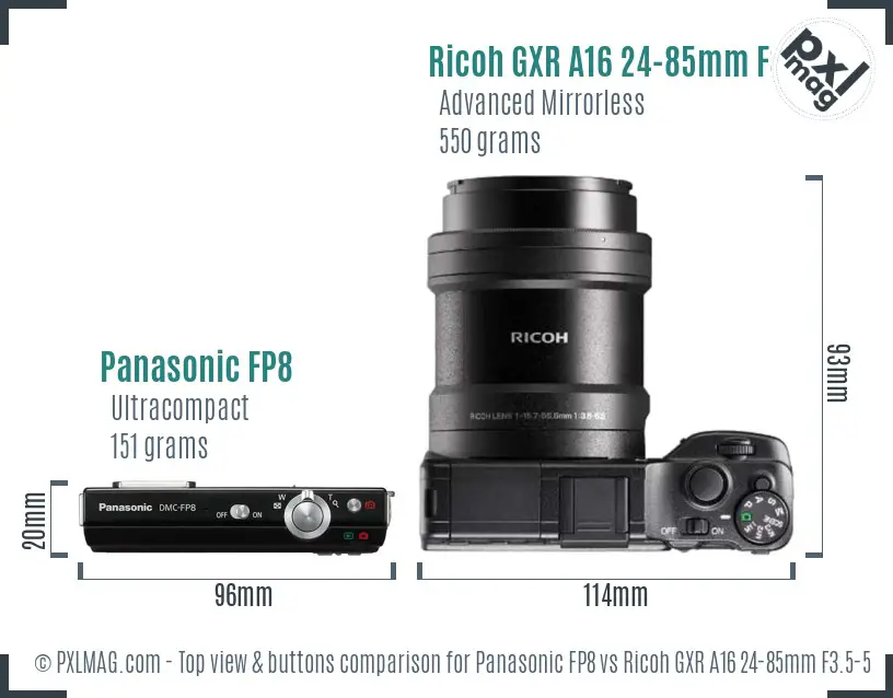 Panasonic FP8 vs Ricoh GXR A16 24-85mm F3.5-5.5 top view buttons comparison