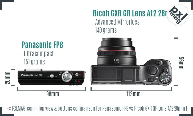 Panasonic FP8 vs Ricoh GXR GR Lens A12 28mm F2.5 top view buttons comparison Panasonic FP8 vs Ricoh GXR GR Lens A12 28mm F2.5 top view buttons comparison