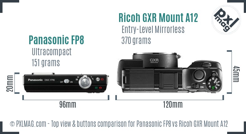 Panasonic FP8 vs Ricoh GXR Mount A12 top view buttons comparison