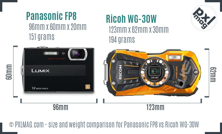 Panasonic FP8 vs Ricoh WG-30W size comparison