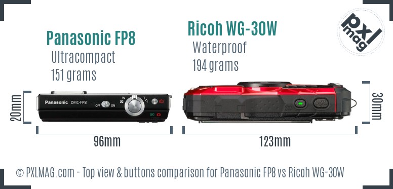 Panasonic FP8 vs Ricoh WG-30W top view buttons comparison