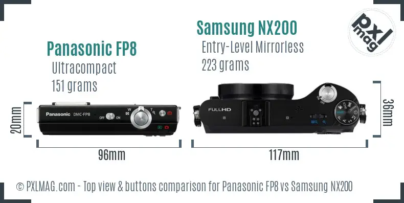 Panasonic FP8 vs Samsung NX200 top view buttons comparison Panasonic FP8 vs Samsung NX200 top view buttons comparison
