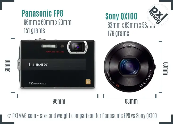 Panasonic FP8 vs Sony QX100 size comparison