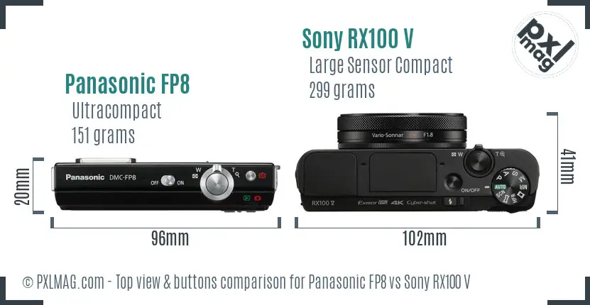 Panasonic FP8 vs Sony RX100 V top view buttons comparison