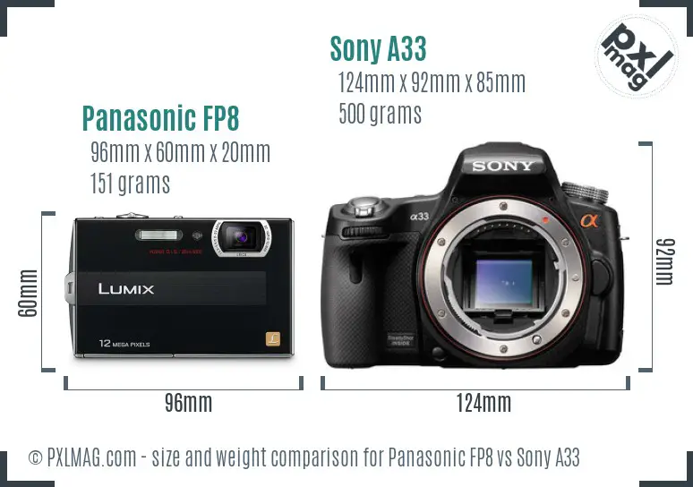 Panasonic FP8 vs Sony A33 size comparison