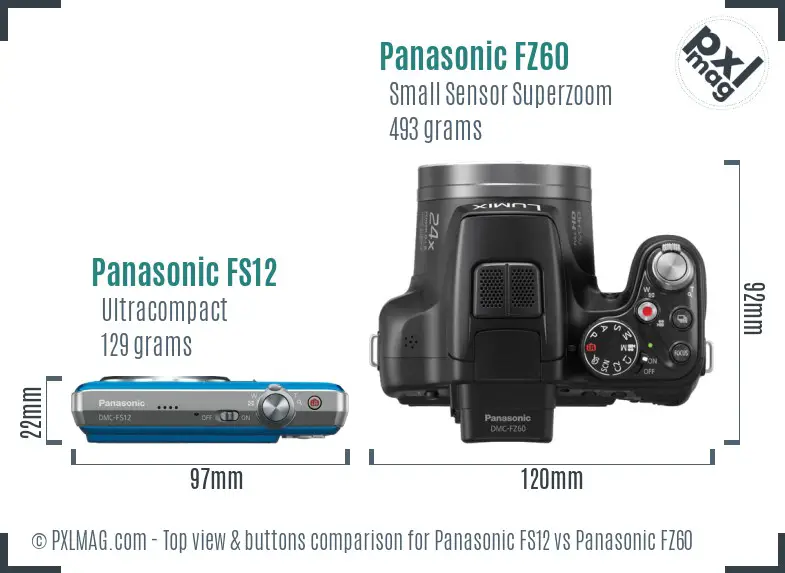 Panasonic FS12 vs Panasonic FZ60 top view buttons comparison Panasonic FS12 vs Panasonic FZ60 top view buttons comparison
