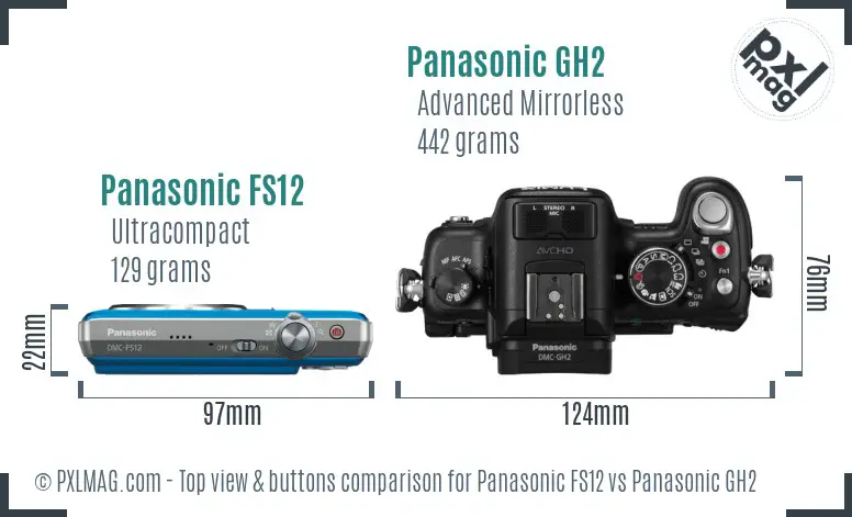 Panasonic FS12 vs Panasonic GH2 top view buttons comparison Panasonic FS12 vs Panasonic GH2 top view buttons comparison