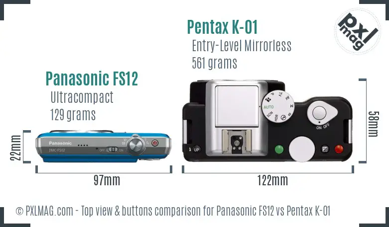 Panasonic FS12 vs Pentax K-01 top view buttons comparison