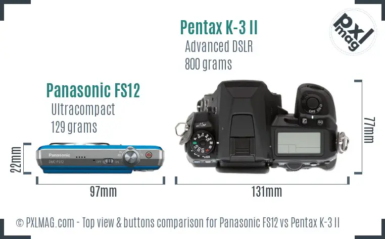 Panasonic FS12 vs Pentax K-3 II top view buttons comparison