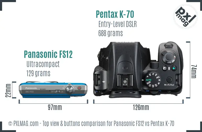 Panasonic FS12 vs Pentax K-70 top view buttons comparison