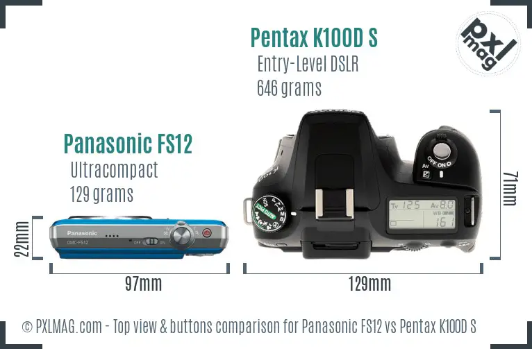 Panasonic FS12 vs Pentax K100D S top view buttons comparison