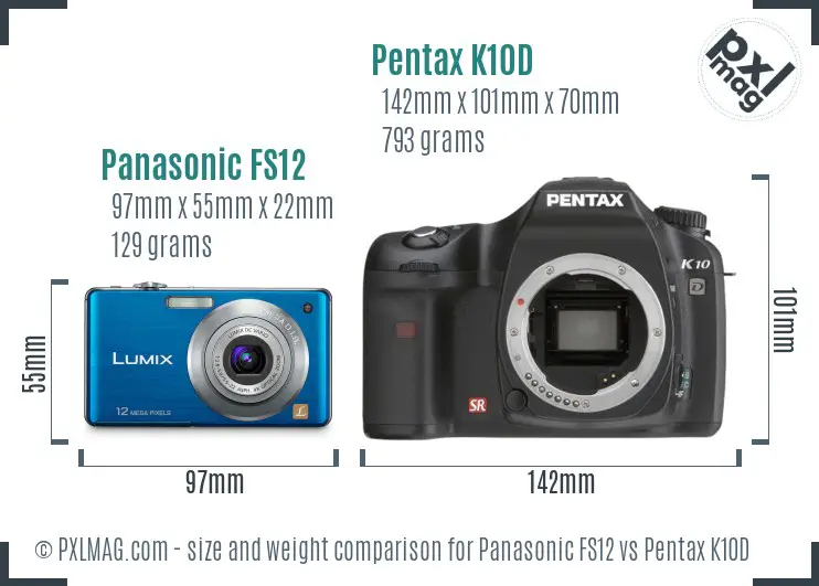 Panasonic FS12 vs Pentax K10D size comparison
