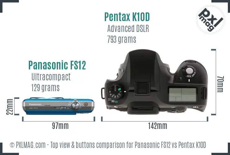 Panasonic FS12 vs Pentax K10D top view buttons comparison