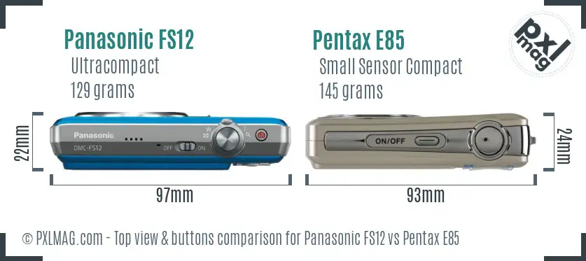 Panasonic FS12 vs Pentax E85 top view buttons comparison