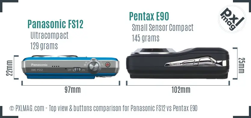 Panasonic FS12 vs Pentax E90 top view buttons comparison