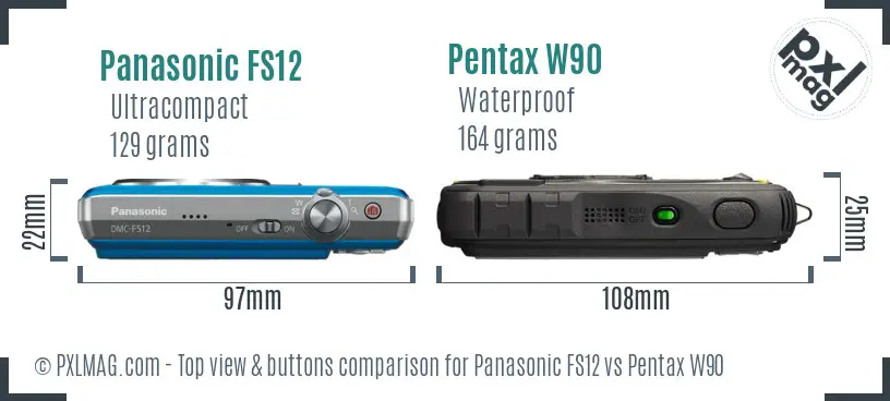 Panasonic FS12 vs Pentax W90 top view buttons comparison