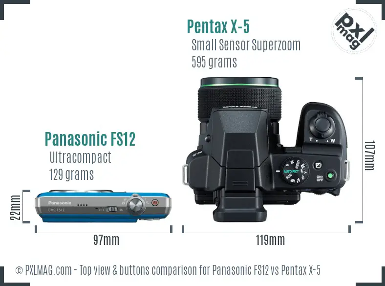 Panasonic FS12 vs Pentax X-5 top view buttons comparison
