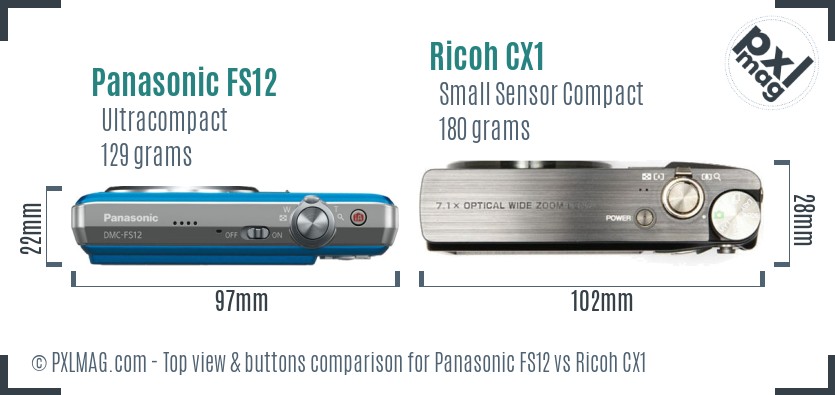Panasonic FS12 vs Ricoh CX1 top view buttons comparison